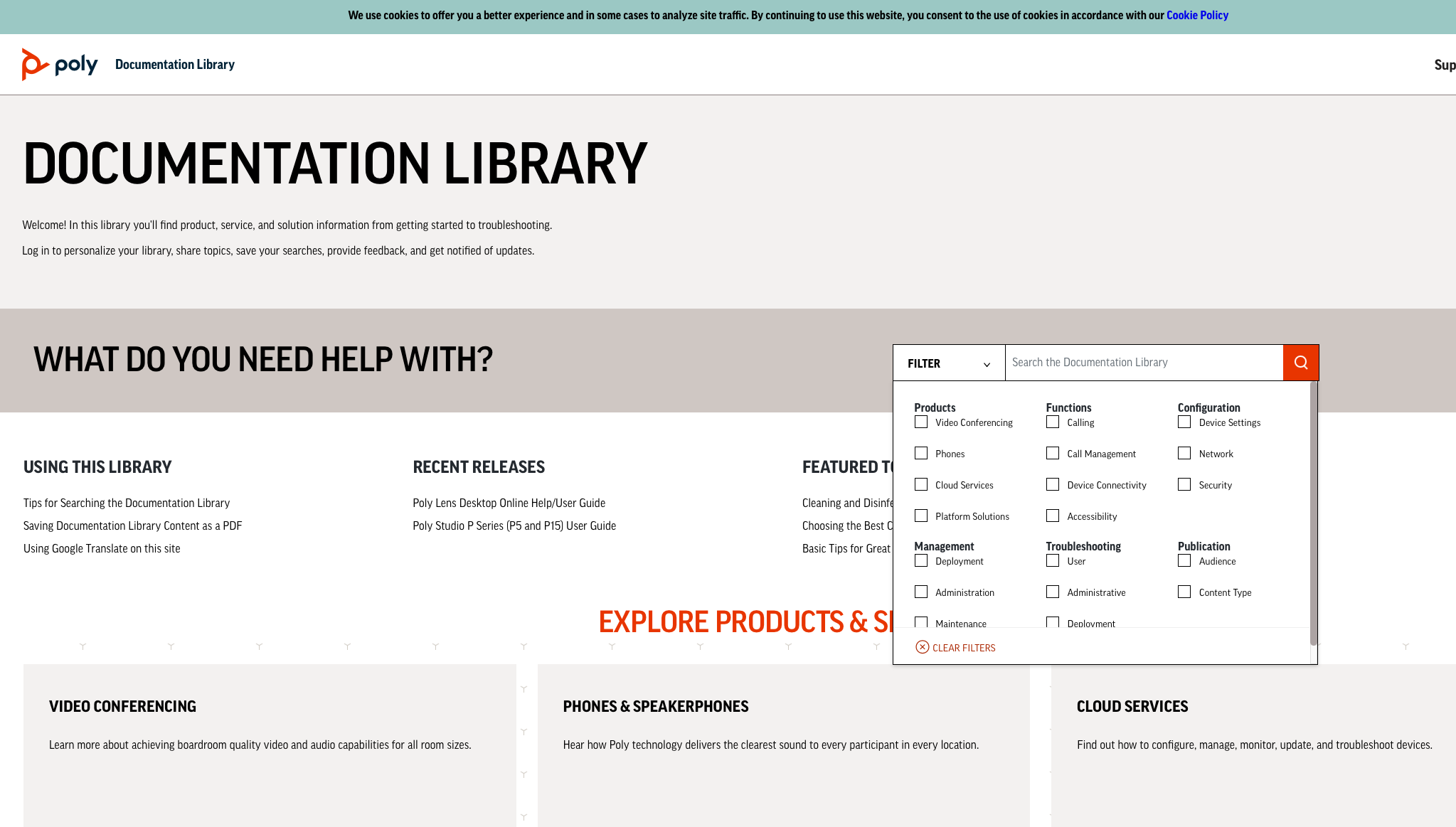 The final design of the Poly PDL filter search facets. The search bar has a filter button to the left that presents a list of high level categories the customer can choose to filter search.