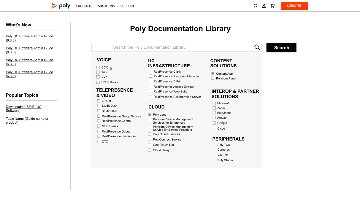 Poly site mockup showing a filter option next to the search bar. The filter option includes product names the customer can choose filter the search.